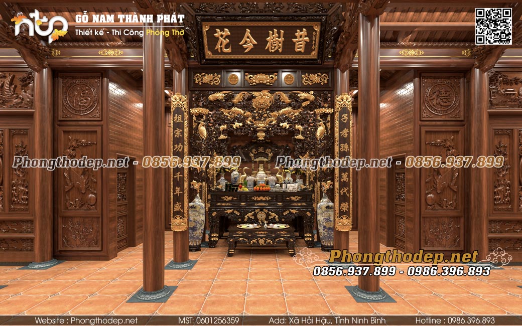 Mẫu nội thất nhà gỗ 5 gian có hậu cung